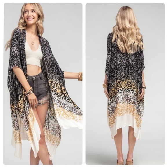 Tops - NEW Black Leopard Print Ombré Kimono
